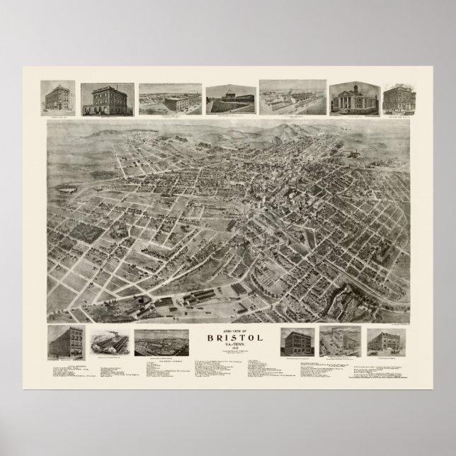 Pôster Bristol, Mapa Panorâmico TN - 1912 (Frente)