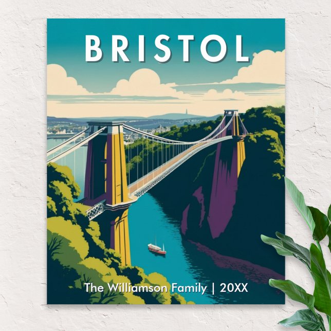 Poster Bristol UK Clifton Suspensão Bridge Viagem (A stylish, personalized retro poster, featuring the Clifton Suspension Bridge across the Avon Gorge)