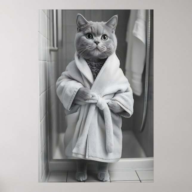 Poster British Shorthair Cat Bathrobe Print, Funny (Frente)