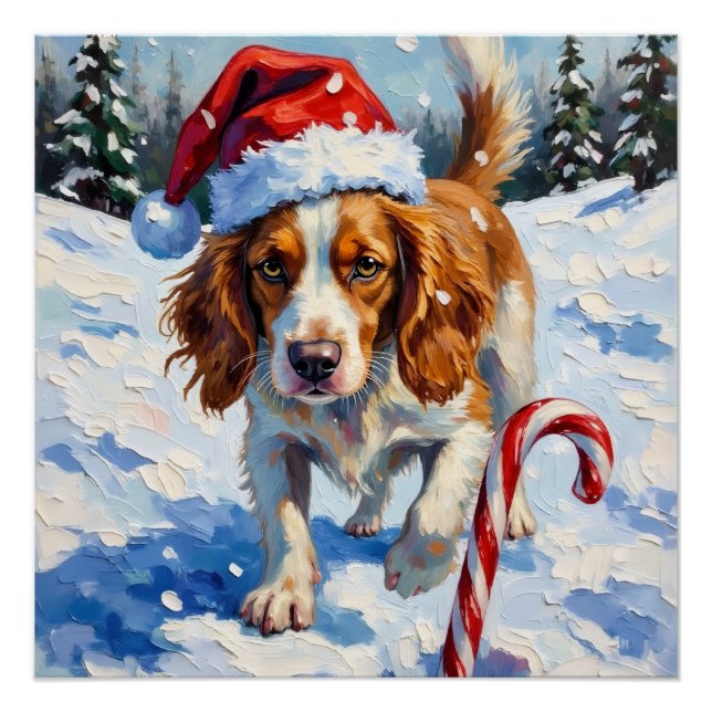 Pôster Brittany Spaniel Dog Pointing at Christmas Candy (Frente)