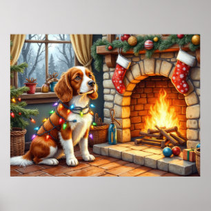 Poster Brittany Spaniel Lareira com Luzes de Natal