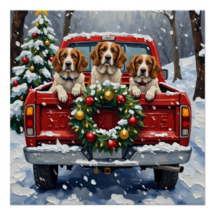 Pôster Brittany Spaniel Natal Caminhão Vermelho Férias
