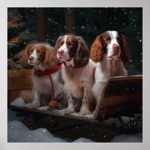 Poster Brittany Spaniel Neve Trenó Natal Decoração