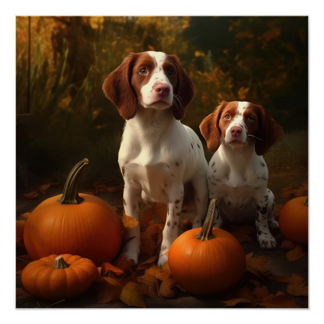 Pôster Brittany Spaniel Puppy Autumn Delight Pumpkin (Frente)
