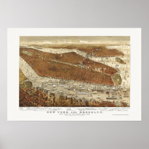 Poster Brooklyn, mapa panorâmico de NY - 1877