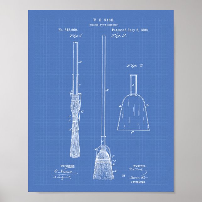 Poster Broom Attachment 1886 Patent Art Blueprint (Frente)