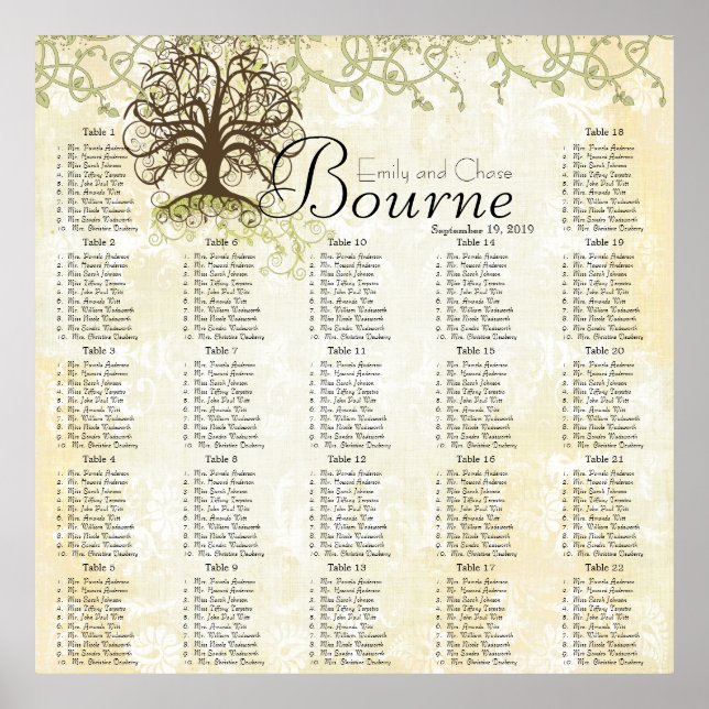 Poster Brown and Green Swirl Tree Reception Seating Chart (Frente)