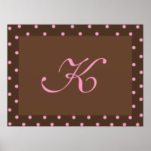Pôster Brown and Pink Polka Dot Monogram Frame