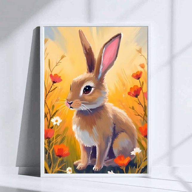 Poster Brown Bunny Floral Field Animal Painting Art (Criador carregado)