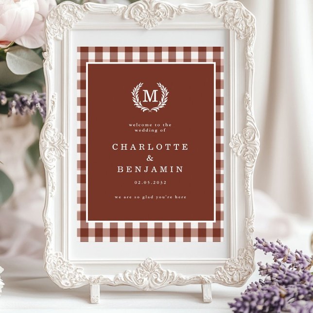 Poster Brown Gingham Monograma Crest Weding Bem-vindo (Brown Gingham Monogram Crest Wedding Welcome Poster)