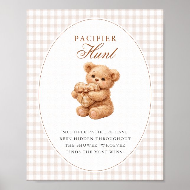 Poster Brown Gingham Teddy Bear Neutral Baby Shower Paper (Frente)