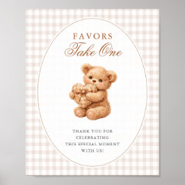 Poster Brown Gingham Teddy Bear Neutral Baby Shower Paper