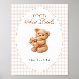 Poster Brown Gingham Teddy Bear Neutral Baby Shower Paper