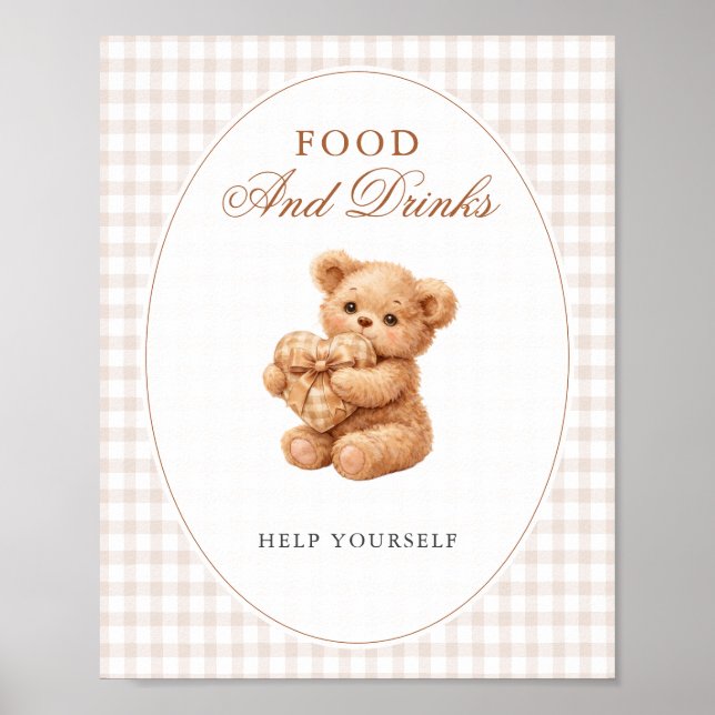 Poster Brown Gingham Teddy Bear Neutral Baby Shower Paper (Frente)