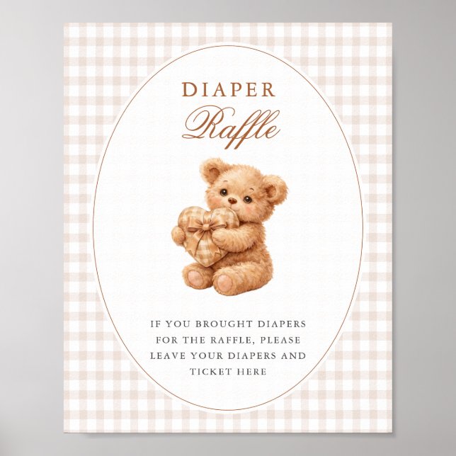 Poster Brown Gingham Teddy Bear Neutral Baby Shower Paper (Frente)