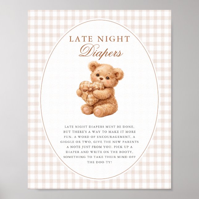Poster Brown Gingham Teddy Bear Neutral Baby Shower Paper (Frente)