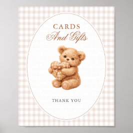 Poster Brown Gingham Teddy Bear Neutral Baby Shower Paper