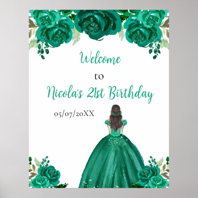Poster Brown Hair Princess Green Floral Birthday Welcome (Frente)