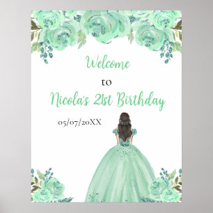 Poster Brown Hair Princess Mint Floral Birthday Bem-vindo