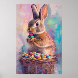 Poster Brown rabbit eating Easter candy eggs vertical