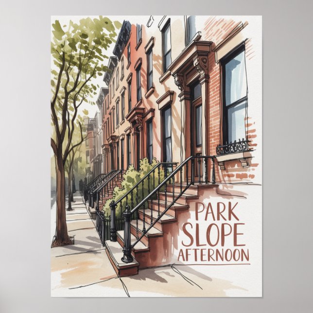 Poster Brownstone de Park Slope à Tarde em Aquarela (Frente)