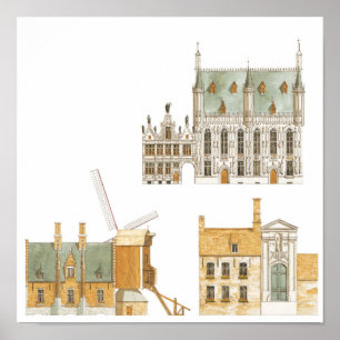 Pôster Bruges Bélgica. Câmara municipal e tradicional