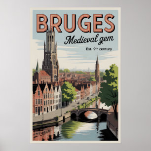 Poster Bruges Bélgica Paisagem Urbana Retro Viagem