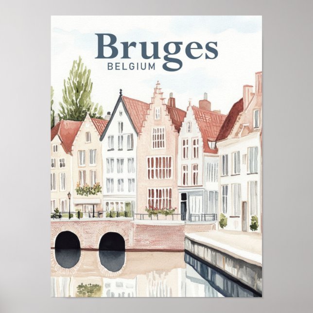 Poster Bruges Belgium Watercolor Viagem (Frente)