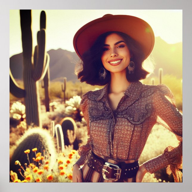 Poster Brunette Cowgirl in Cowboy Hat in the Desert (Frente)
