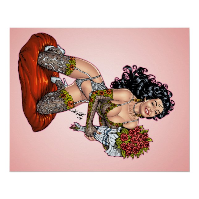 Pôster Brunette em Lingerie com Ilustração de Rosas (Frente)