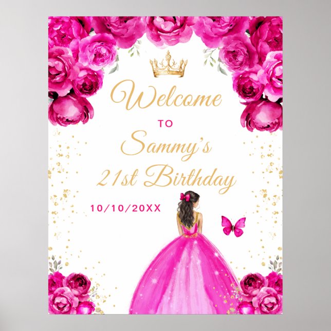 Poster Brunette Hair Princess Birthday (Frente)