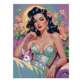 Pôster Brunette Pin-Up com coelho da Páscoa