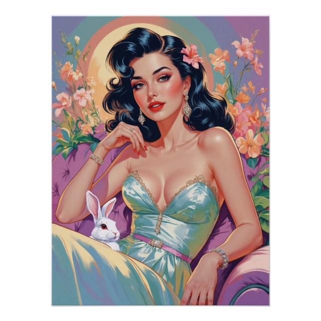 Pôster Brunette Pin-Up com coelho da Páscoa (Frente)