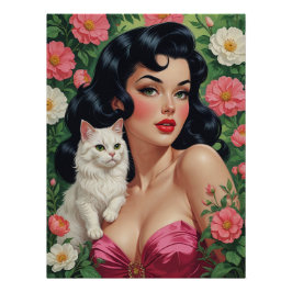 Pôster Brunette Pin-Up com Poster de Gato Branco