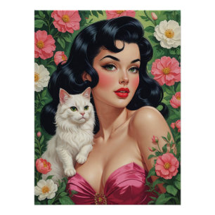 Pôster Brunette Pin-Up com Poster de Gato Branco