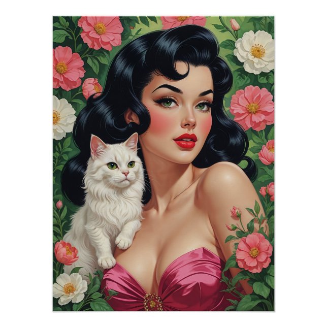 Pôster Brunette Pin-Up com Poster de Gato Branco (Frente)