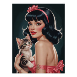 Pôster Brunette Pin-Up com Poster de retrato de Kitten