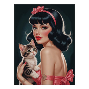 Pôster Brunette Pin-Up com Poster de retrato de Kitten