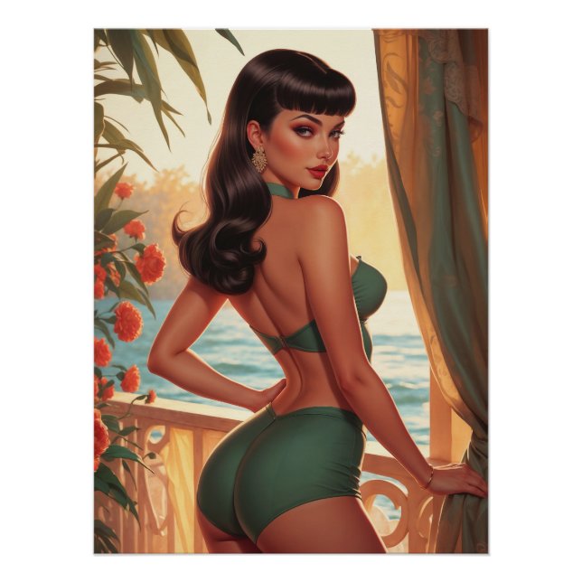 Pôster Brunette Pin-Up Green Bikini Seaview Balcony (Frente)