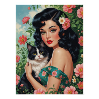 Pôster Brunette Pin-Up segurando Gato De Gato