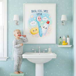 Poster Brush, Floss, Flush, Wash Kids Bathroom Wall Art