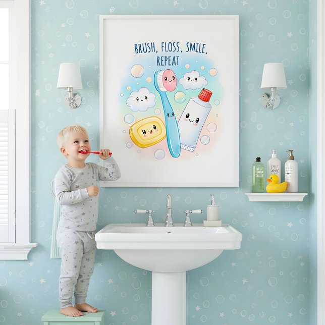 Poster Brush, Floss, Flush, Wash Kids Bathroom Wall Art (Criador carregado)