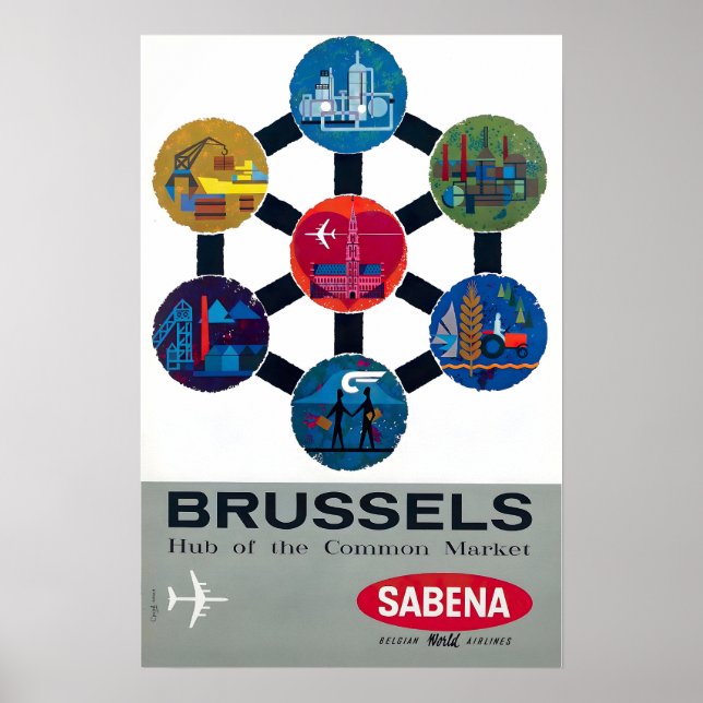 Poster Brussels Print Belgium Art Sebena Airlines Travel  (Frente)
