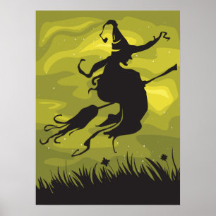 Poster Bruxa Assustadora de Halloween Voando em Vassoura
