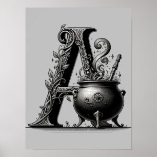 Poster Bruxa Cauldron Witchy - Letra A Personalizada Inic