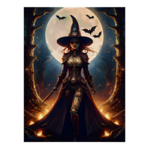 Pôster Bruxa da Floresta Steampunk do Halloween