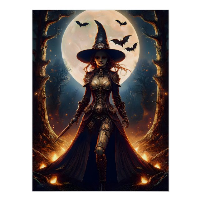 Pôster Bruxa da Floresta Steampunk do Halloween (Frente)