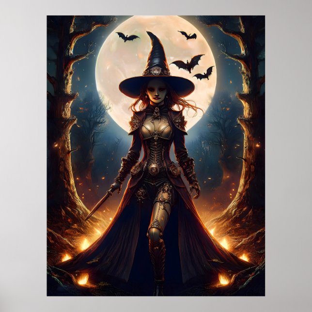 Poster Bruxa da Floresta Steampunk do Halloween (Frente)