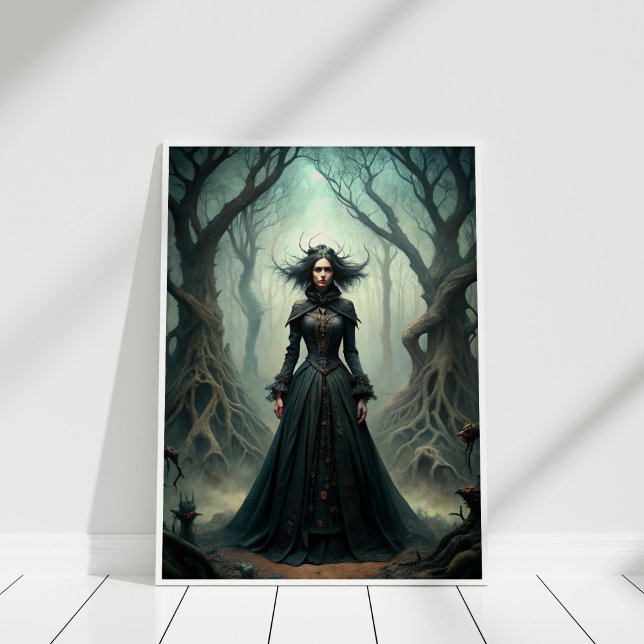 Poster Bruxa da Lua Escura - Arte da Muralha da Floresta (Dark Moon Witch – Forest Queen Wall Art in a white frame.)