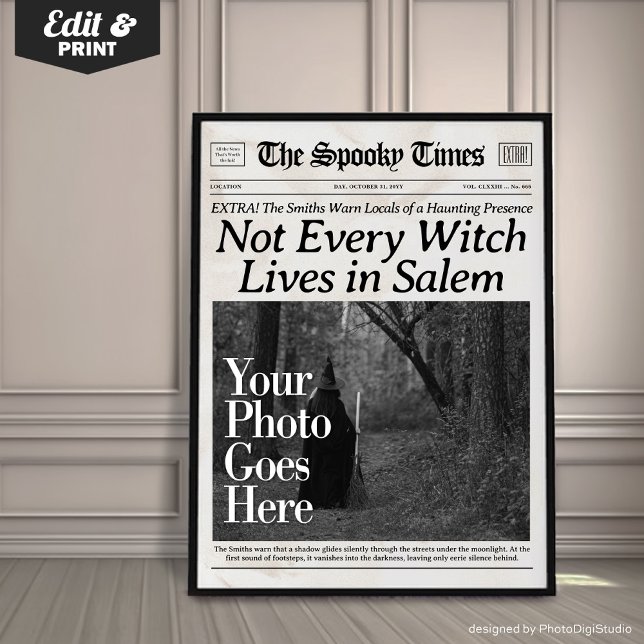 Poster Bruxa de Arte de Jornais Personalizados do Hallowe (Custom Halloween Newspaper Wall Art Witch in Salem |  trendy halloween decor | halloween print )